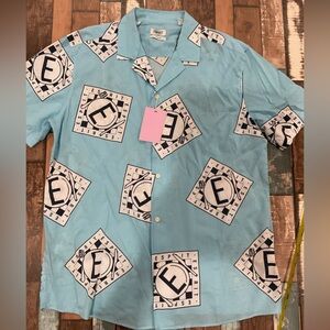 Esprit blue short sleeve button down shirt with diner theme size large NWT